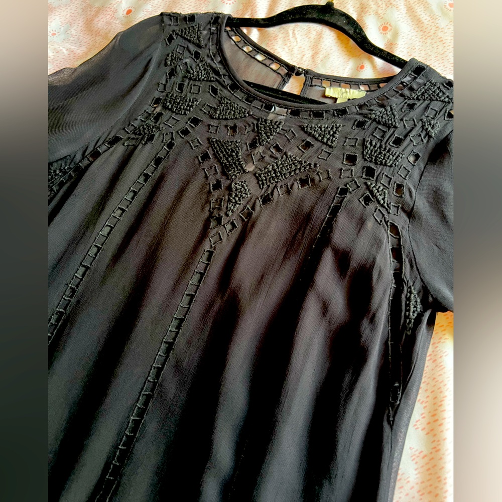 JOIE Black Sheer Embroidered Crochet Detail Women's Dress Long Sleeved Size XS
